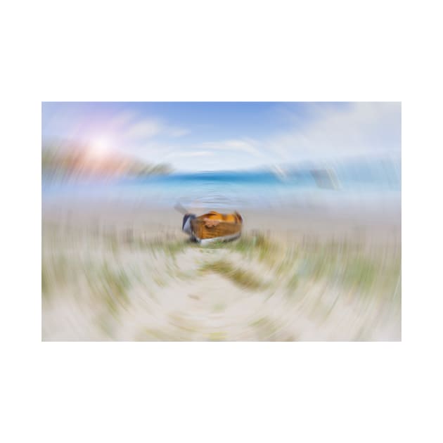 Old-fashioned wooden clinker dinghy pulled on beach at Kawau Island New Zealand in radial blur effect abstract image. by brians101