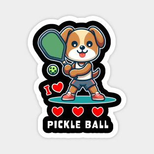 I Love Pickle Ball, Cute Dog playing Pickle Ball, funny graphic t-shirt for lovers of Pickle Ball and Dogs Magnet