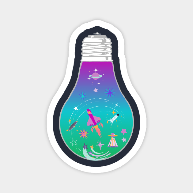 Space ship and planet light bulb - Kawaii Magnet by LukjanovArt