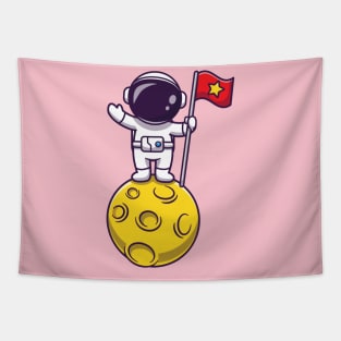 Astronaut Holding Flag On Moon Cartoon Tapestry