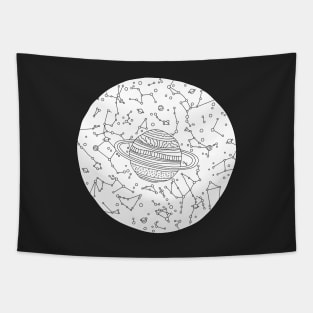 Universe Sky Map Ink Drawing, Cosmos Illustration Tapestry