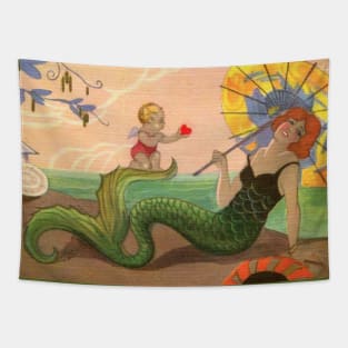 Vintage 1920s Mermaid Retro Art Tapestry