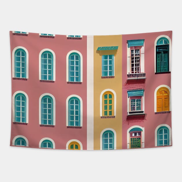 Wes Anderson-Inspired Neighborhood Windows Tapestry by Motif Mavens