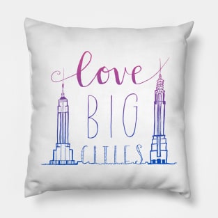 New York City Skyline Illustrations and Lettering--Love Big Cities in neon red and blue Pillow