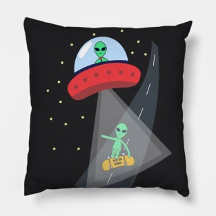 Alien in a flying saucer lighting to a skating alien friend Pillow