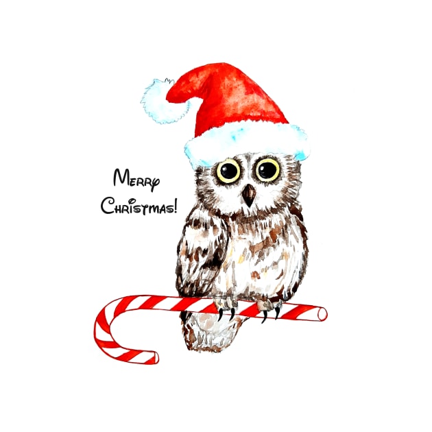 Owl, Mery Christmas, watercolor, nursery, home decor, baby wall art, greeting card by Luba_Ost