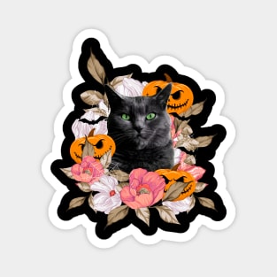 Black Cat With Halloween Floral Magnet