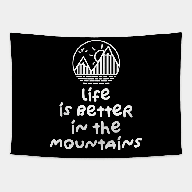 LIFE IS BETTER IN THE MOUNTAINS Minimalist Mountain Sunset Cirle Design With Birds Flying Over Tapestry by Musa Wander