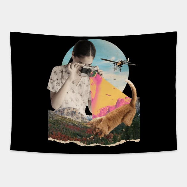 Collage Girl Camera and Cat Tapestry by Hmus