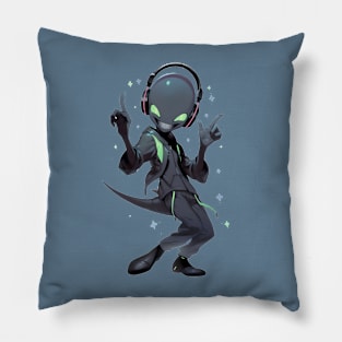 An alien is listening to music in headphones Pillow