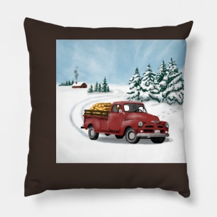 Little Red Truck gathering wood in winter Pillow