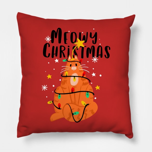 Meowy Christmas Funny Ginger Cat Pillow by SusanaDesigns