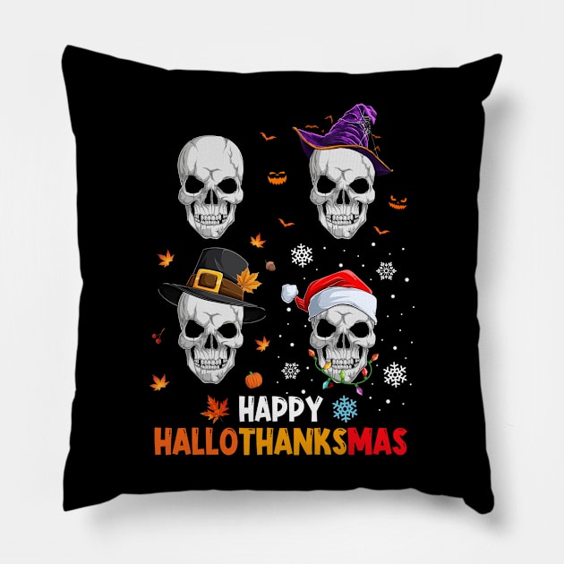 Skull Costume Halloween Thanksgiving Christmas Happy Hallothanksmas Pillow by Magazine