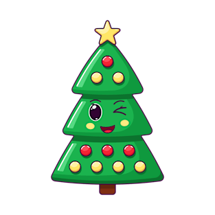 Cartoon Kawaii Christmas Tree with Winking Face T-Shirt