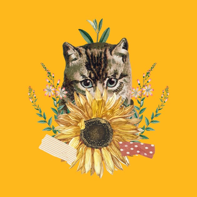 cute cat sunflower collage art by Crocodile Store