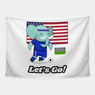 ⚽ USA Soccer, Cute Elephant Scores a Goal, Let's Go! Team Spirit Tapestry