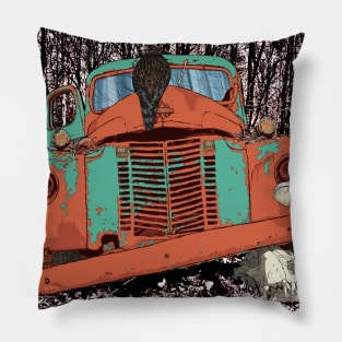 Vintage rusted car with the Hawk and skull Pillow