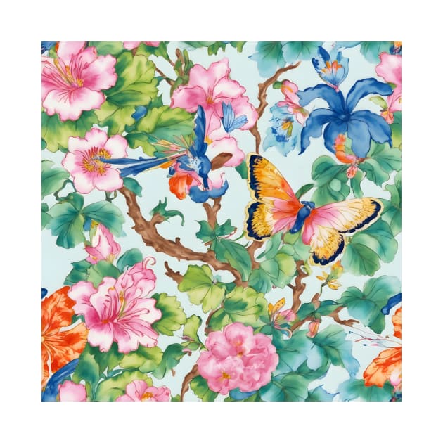 Modern chinoiserie flowers, birds and butterflies pattern by SophieClimaArt