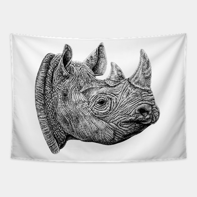 Black rhino ink illustration portrait Tapestry by lorendowding