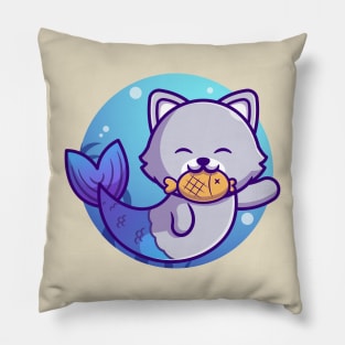 Cute Cat Mermaid Bite Fish Cartoon Pillow