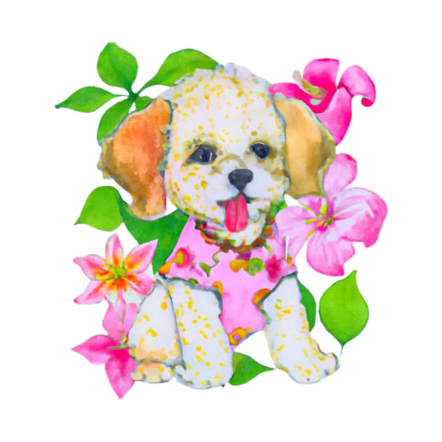 Cute puppy sitting in flower bush by SophieClimaArt