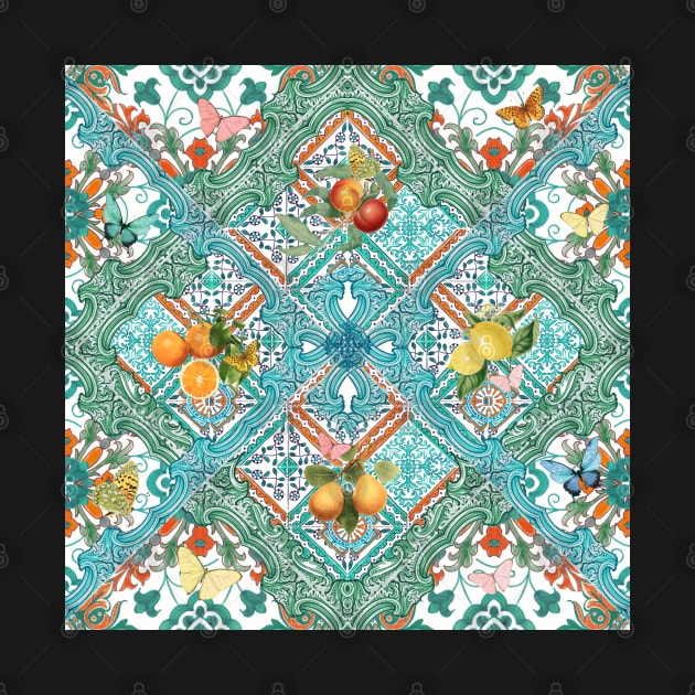 Mediterranean teal tiles, Italian citrus fruit, oranges and lemons by Bloomartgallery