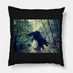 Scared girl running in the forest Pillow