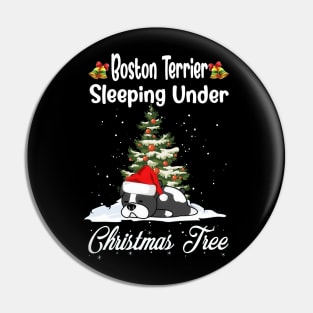 Boston Terrier Sleeping Under Christmas Tree Funny Xmas Pin