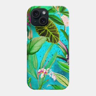 Stylish Tropical floral leaves and foliage botanical illustration, botanical pattern, tropical plants, aqua blue leaves pattern over a Phone Case