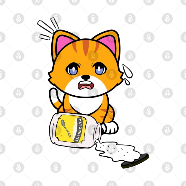 Funny orange cat spilled a jar of mayonnaise by Pet Station