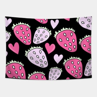 Cute Light and Dark Pink Doodle Strawberries and Hearts Pattern on Black Backdrop, made by EndlessEmporium Tapestry