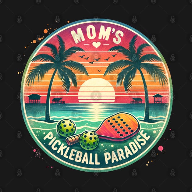 Mom's Pickleball Paradise, vintage retro design, paddles and pickleball ball on the beach,vintage pickleball by O.M.Art&Yoga