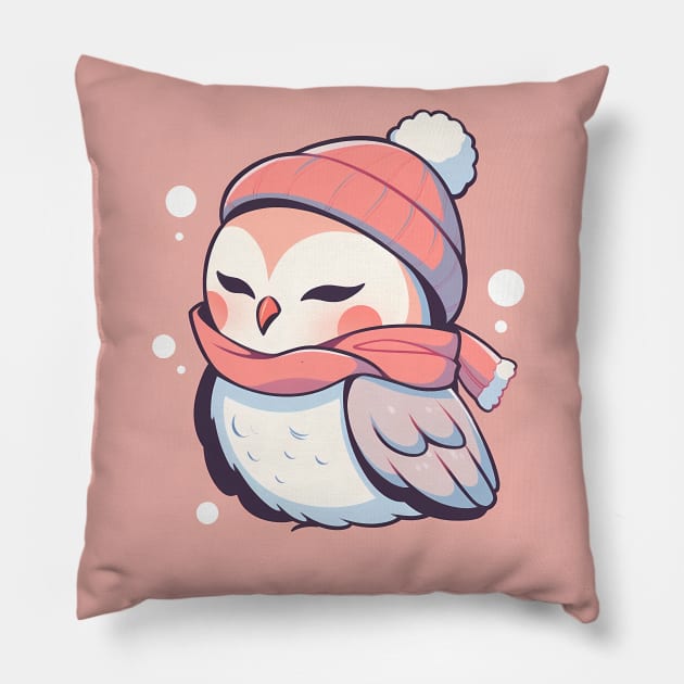 Cute Adroable Kawaii Baby Owl Wearing a Hat and Scarf Pillow by designs4days