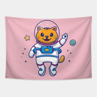 Cute Cat Astronaut Flying In Space Cartoon Tapestry