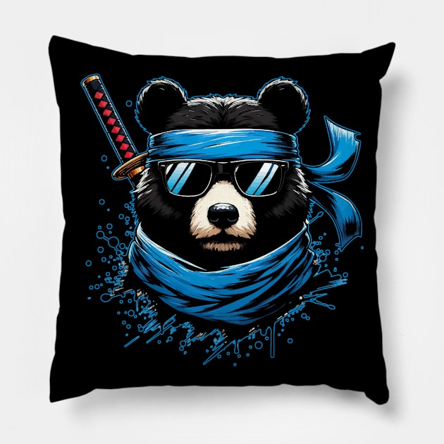 Cool Ninja Bear Japanese Anime Ink Splash Style Pillow by TomFrontierArt