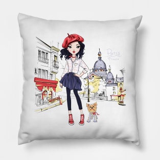 Fashion girl with dog in Paris Pillow