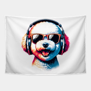 Grinning Bichon Frise as Smiling DJ in Sunglasses Tapestry