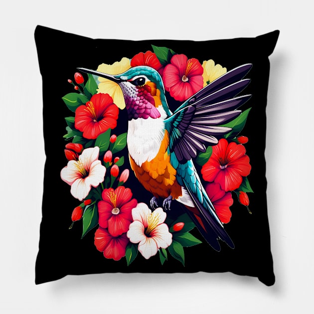 Cute Ruby Throated Hummingbird Surrounded by Spring Flowers Pillow by BirdsnStuff