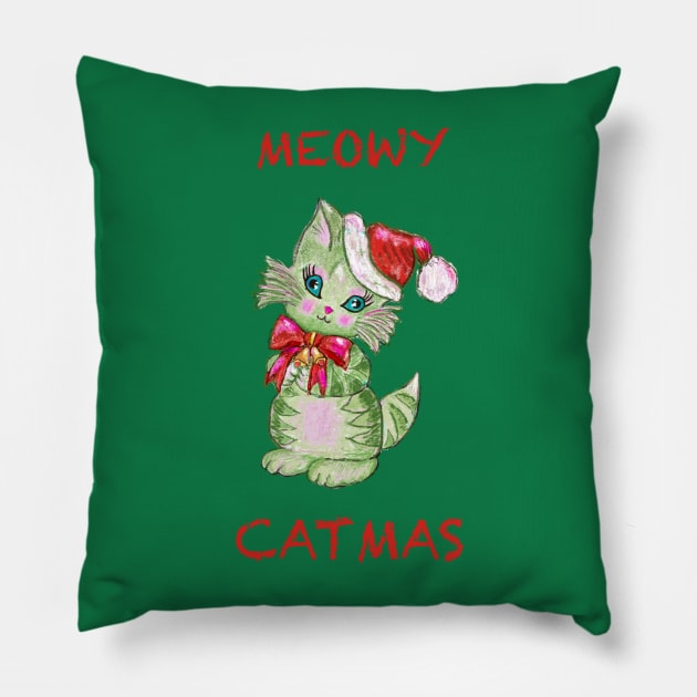 Meowy Catmas stripped tabby cat with santa hat Pillow by Peaceful Pigments