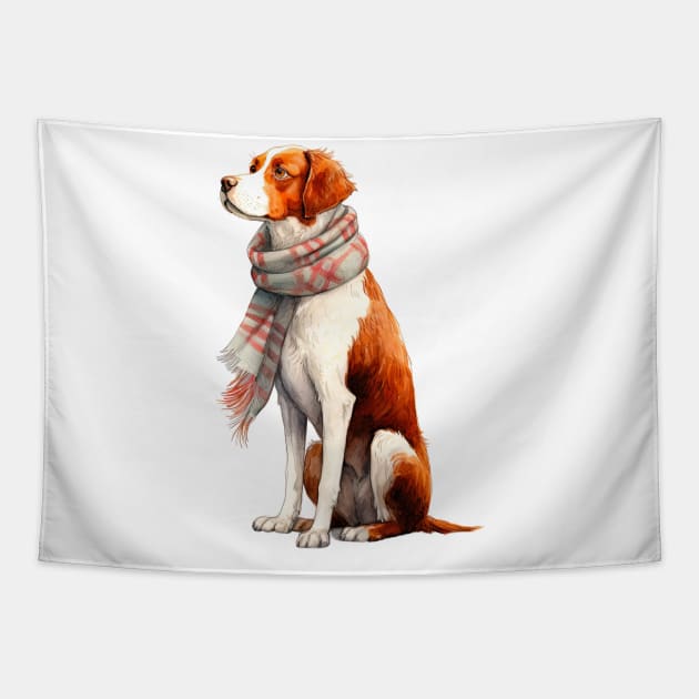 Brittany winter dog Tapestry by piscoletters