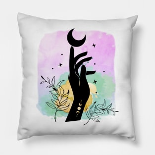 Goddess Hand and moon with watercolor background Pillow