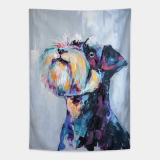 Conceptual portrait in multicolored painting of a schnauzer muzzle. Tapestry