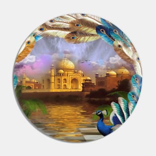 Peacock With Taj Mahal at Sunset Pin