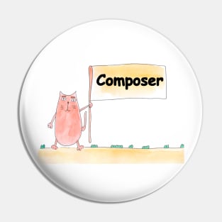 Composer. Profession, work, job. Cat shows a banner with the inscription. Watercolor illustration. A gift for a professional. Pin