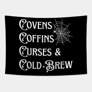 Covens Coffins Curses and Cold Brew Goth Halloween Vintage Tapestry