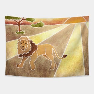 Majestic Lion in the Savannah, Batik silk painting style Tapestry