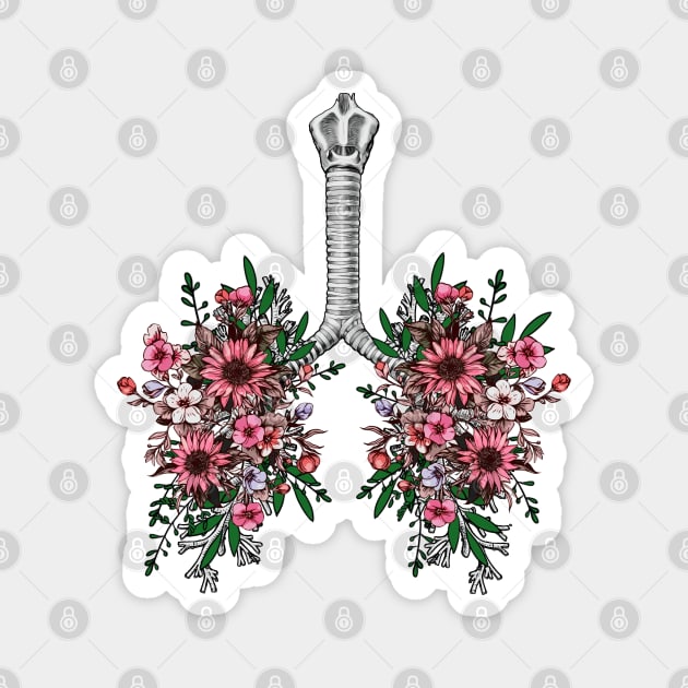 Pink flowers Lung, floral leaves, lungs, healthy lung, lungs cancer, respiratory therapist, cystic Magnet by Collagedream