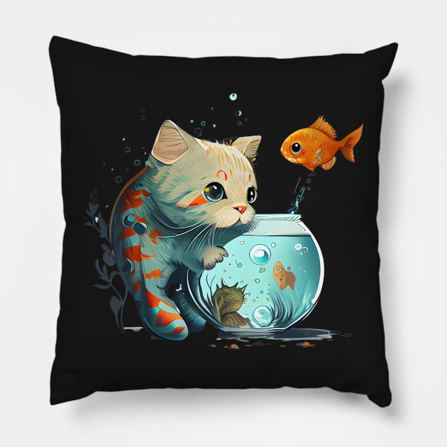 Purr-fect Catch: Cute Cat Fishing Artwork Pillow by Raja2021