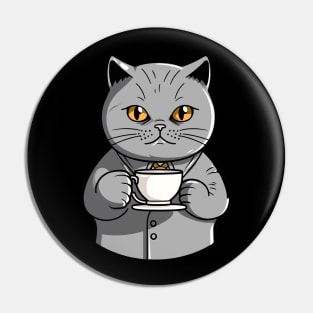 British Shorthair Cat Drinking Coffee Pin