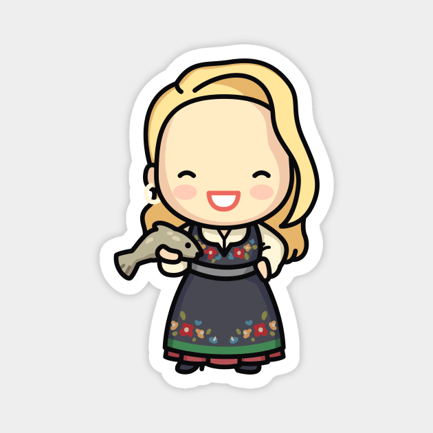 Cute Norwegian Girl in Traditional Dress with Fish Magnet by SLAG_Creative